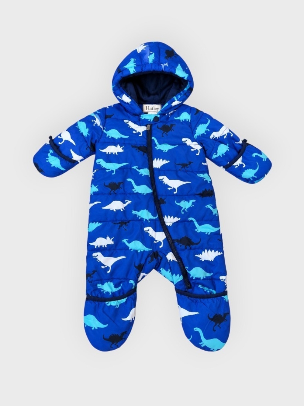 Hatley Baby Blue Dinosaur Puffer Snowsuit Pram 9-12M Convertible Mitts Feet